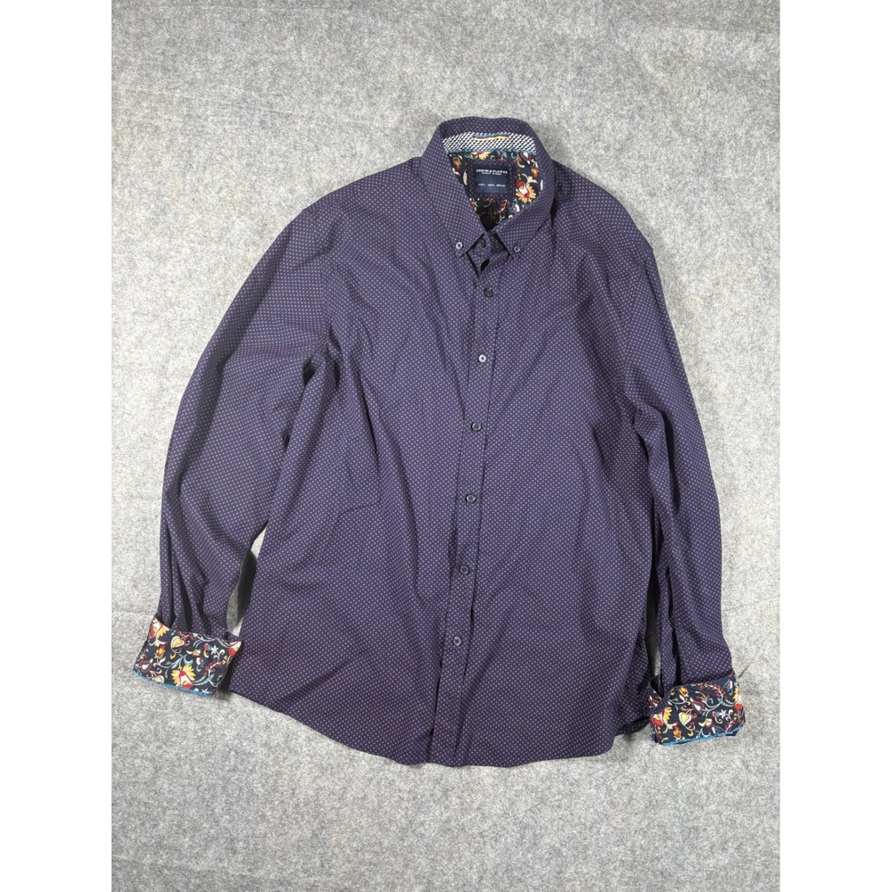 Denim‎ & Flower Ricky Singh Mens Button Down Shirt Ditsy Print Blue Floral Cuff